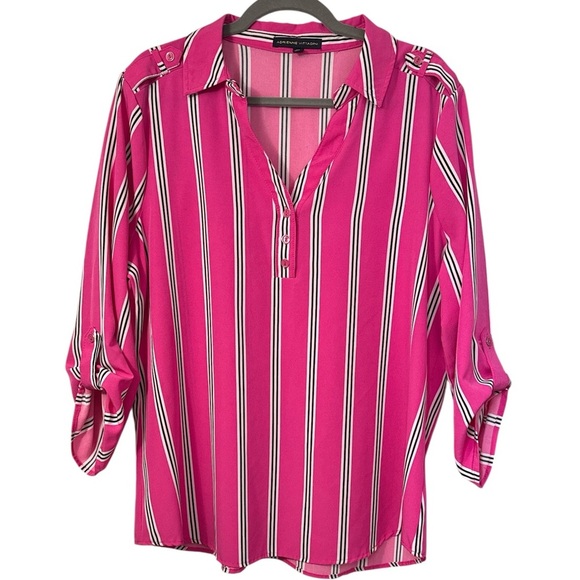 Adrienne Vittadini Striped Rolled Sleeve Blouse - Picture 1 of 4